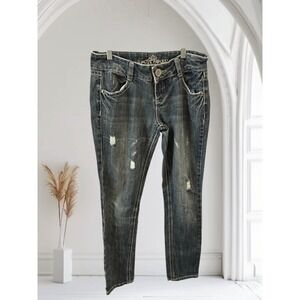 Almost Famous Distressed Denim Jeans Juniors Size 9‎ Embellished Pockets Y2K